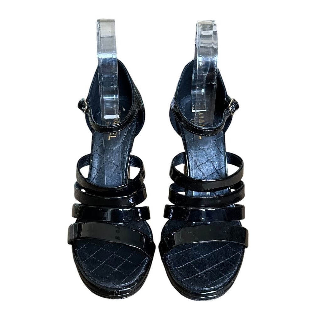 Chanel Black Patent Leather Gold Chain Open Toe Strappy High Heel Sandals 38.5